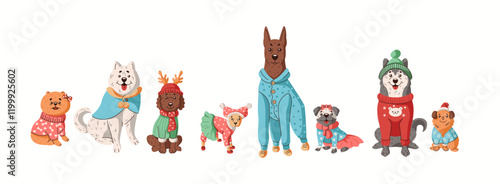 Friendly domestic dogs in warm clothing flat color vector icon set. Adorable canine pets ready for Christmas characters pack on white background
