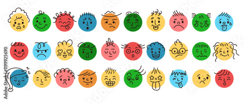 Minimalist emojis doodle flat color vector icon set. Various facial expressions and feelings illustrations pack on white background