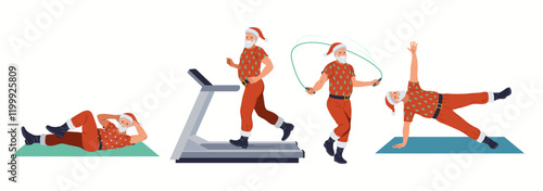 Santa Clauses training in gym flat color vector icon set. Sportive Saint Nicolas preparing for Christmas characters pack on white background