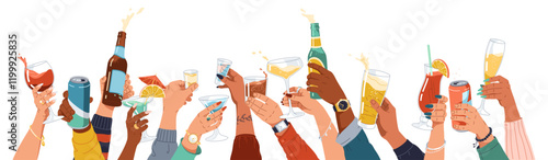 Diverse people hands holding alcohol drinks flat color vector illustration. Party guests cheering with beverages cartoon composition on white