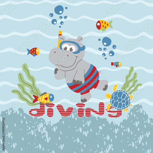 Adorable hippo cartoon vector illustration enjoying diving, featuring playful and colorful aquatic design