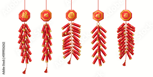 Festive Chinese firecrackers clusters with lucky pendants realistic color icons set. Asian festival explosive items 3d objects bundle on white. inscription on the badge is “Luck”