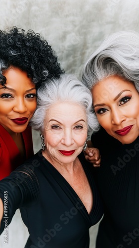 Close-up of three older women of different races, with stylish, elegant hairstyles and bold makeup