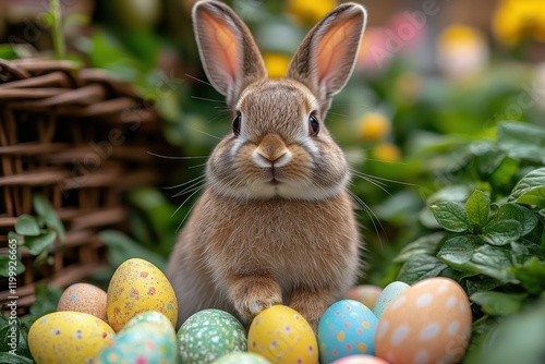 Cute bunny surrounded by colorful Easter eggs in a garden setting during springtime festivities