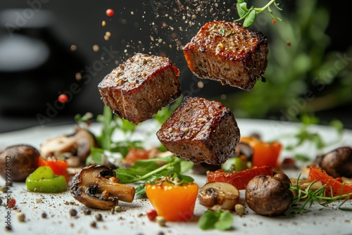 Plate with tossed meat and vegetables, mid-air. Vibrant colors and herb garnish. Creative food styling. Dynamic and appetizing composition. photo