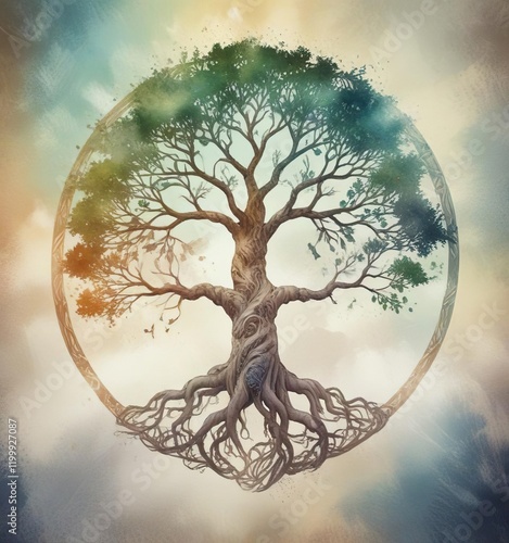 Ethereal watercolor artwork of a tree of life with mystical symbolism and whimsical style, whimsical, spiritual, style, tree of life, artwork photo