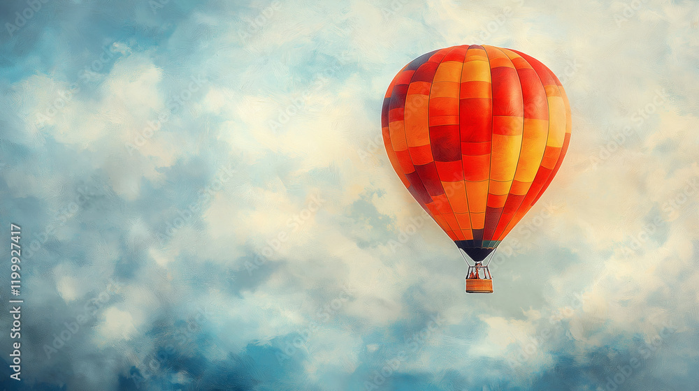 Fototapeta premium Hot air balloon, vibrant orange and red stripes, cloudy sky, blue atmosphere, textured canvas, dreamy, painterly effect, soaring, majestic, peaceful, aerial view, adventure, freedom, vintage style