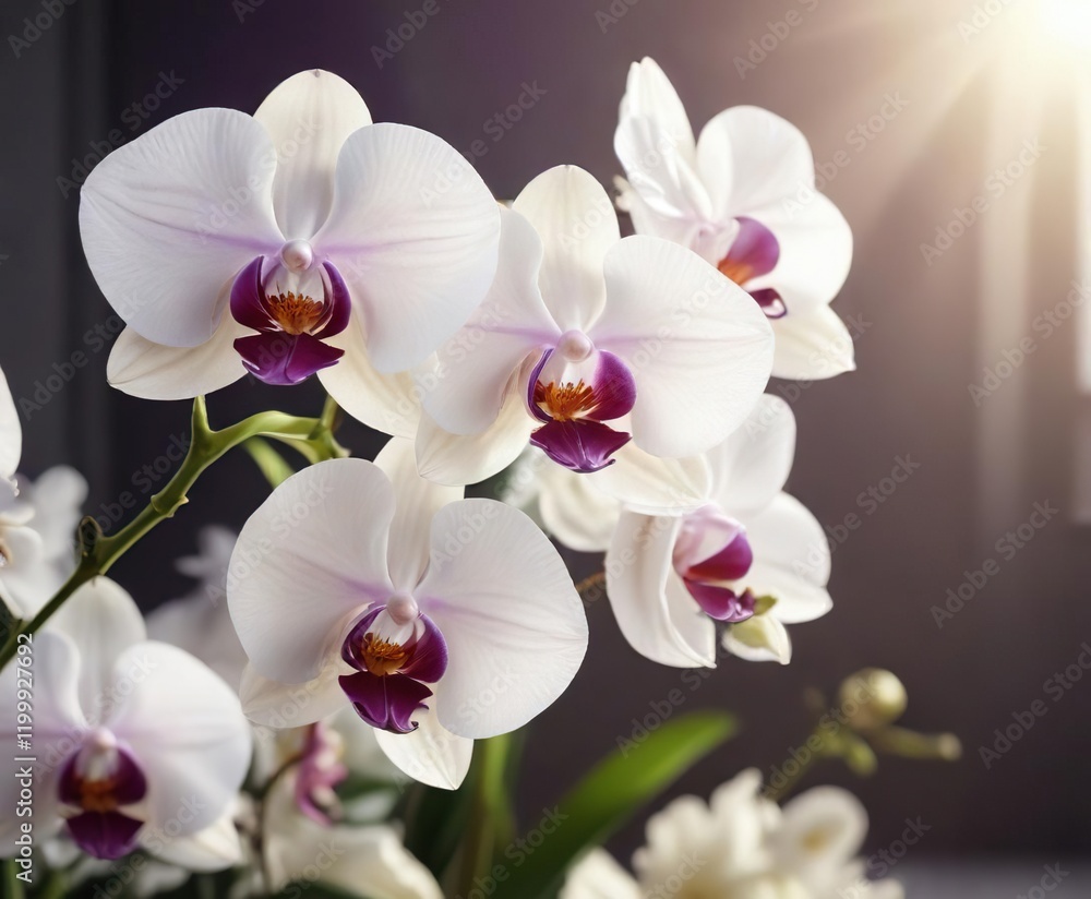 Fototapeta premium Exquisite white rare orchids with purple border and wavy petals in sunlight, exquisite, sunlight, rare orchids
