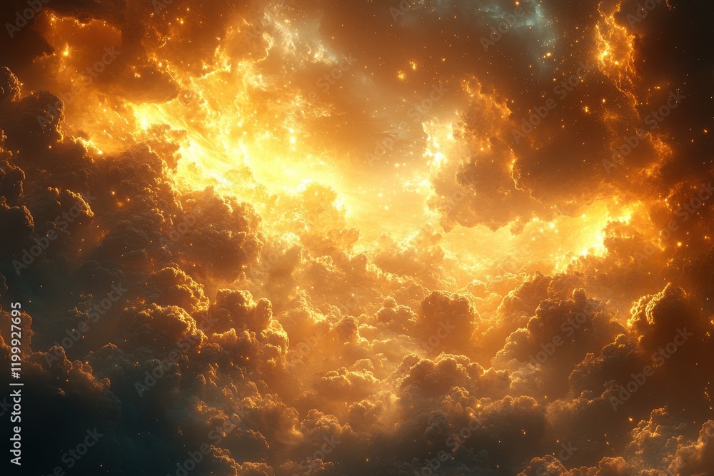 Vibrant sunset sky filled with dramatic clouds in warm shades of orange and gold during twilight hours Vibrant sunset sky filled with dramatic clouds in warm shades of orange and gold during twilight hours