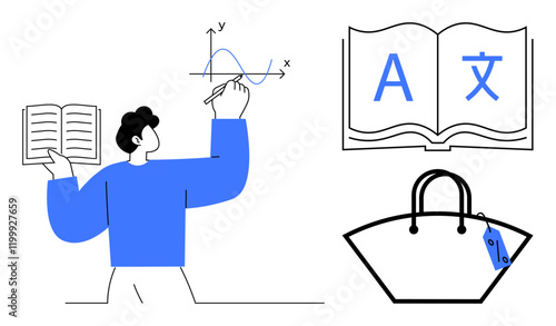 Man drawing mathematical graph holding open book, nearby open book with multilingual characters handbag with tag. Ideal for education, mathematics, linguistics, commerce, learning, translation