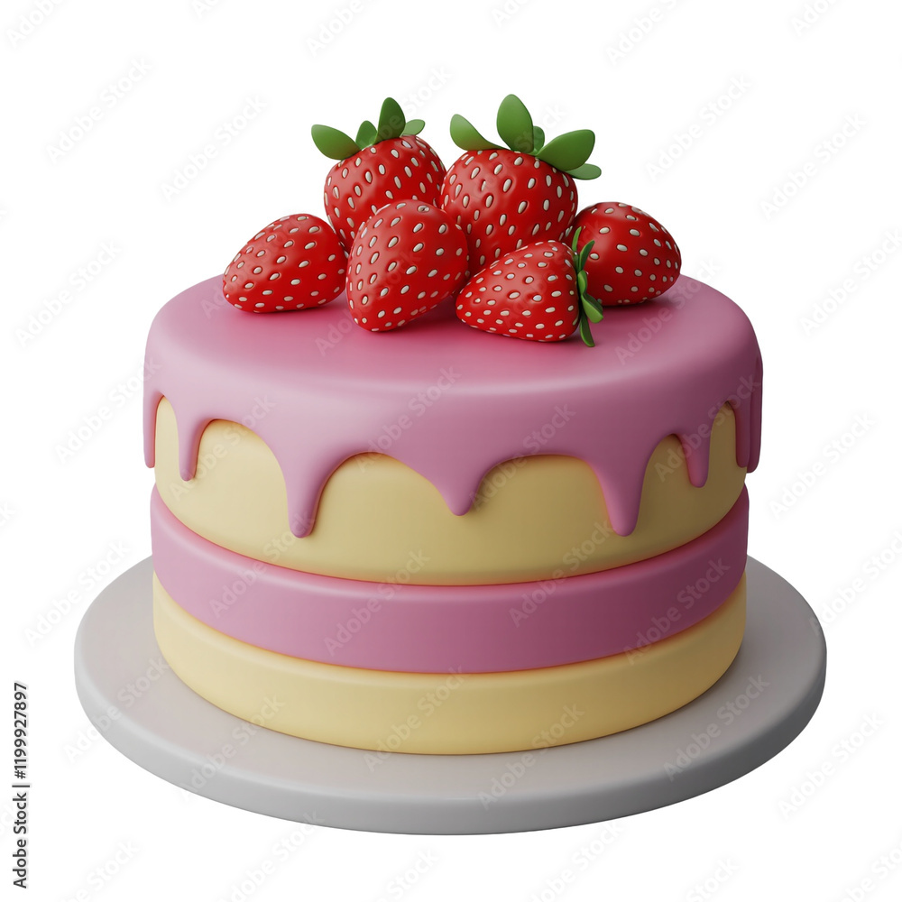 3D cake with strawberry, 3d render icon isolated on transparent background. Cutout 3D cake with strawberry, 3d render icon isolated on transparent background. Cutout