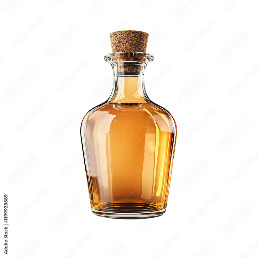 Elegant Glass Bottle with Cork and Amber Liquid Isolated on transparent background Elegant Glass Bottle with Cork and Amber Liquid Isolated on transparent background