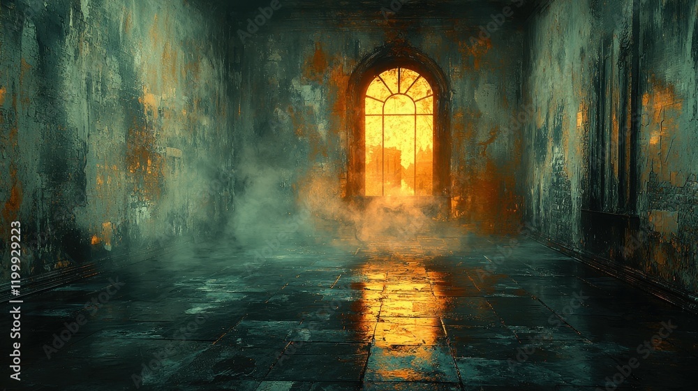 Dark and mysterious room with arched window letting in an eerie glow. Stone floor and walls create a dungeon-like atmosphere. Ideal for a horror or fantasy setting. Dark and mysterious room with arched window letting in an eerie glow. Stone floor and walls create a dungeon-like atmosphere. Ideal for a horror or fantasy setting.