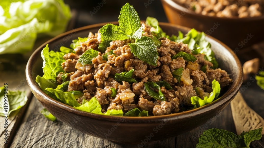 An artistic shot of a bowl of Larb, a spicy minced meat salad, garnished with fresh mint and served with crispy lettuce leaves for a fresh and vibrant look. An artistic shot of a bowl of Larb, a spicy minced meat salad, garnished with fresh mint and served with crispy lettuce leaves for a fresh and vibrant look.