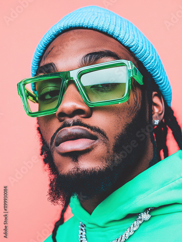 Stylish Close-Up Portrait of a Trendy Individual Wearing Retro Green Glasses photo