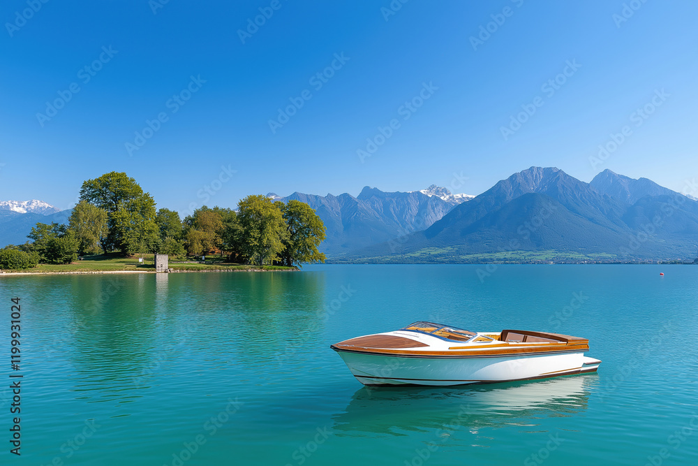 Scenic boat at Lake Geneva surrounded by mountains and clear blue sky