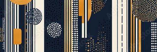 A geometric pattern with stripes, dots, and lines in navy blue, white, and gold colors.
