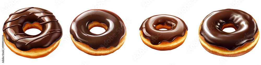 A series of four chocolate-glazed donuts of varying sizes, showcasing their rich color and smooth texture. A series of four chocolate-glazed donuts of varying sizes, showcasing their rich color and smooth texture.