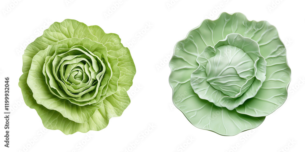 Fototapeta premium Two varieties of cabbage, showcasing distinct shapes and textures, with one resembling a rose and the other a traditional round head.