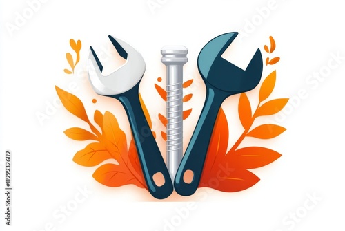 A flat 2D illustration of a wrench and screw set, with bold outlines and bright colors on a clean white canvas photo