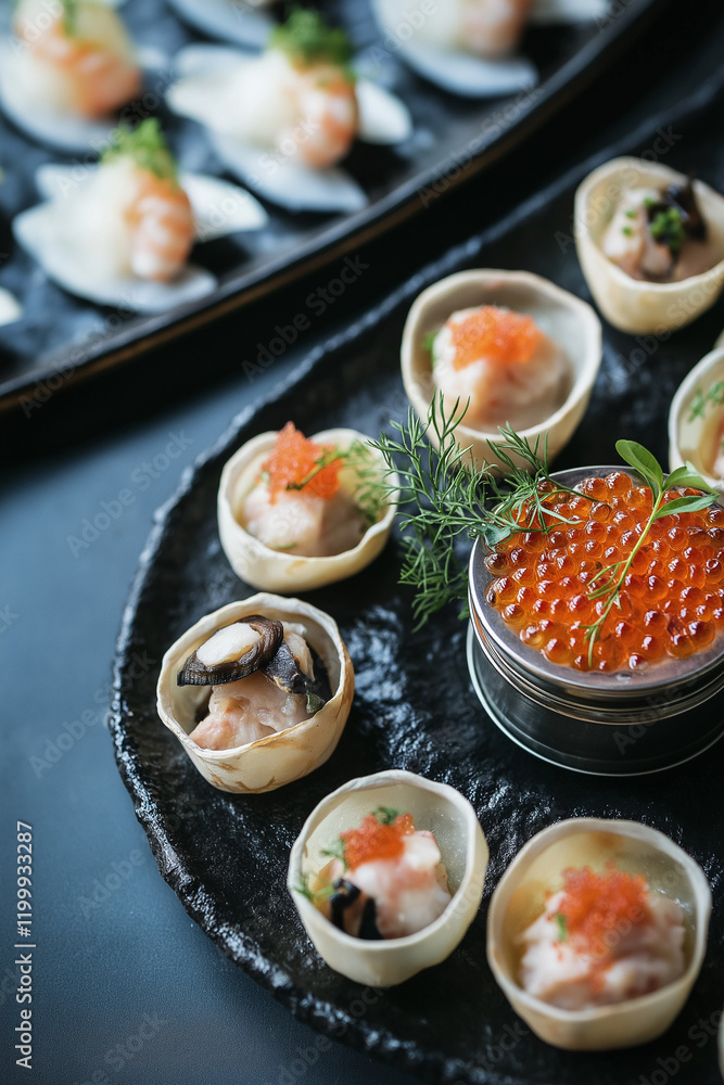 Avant-garde seafood spread with smoked mackerel pâté in a tin, sea urchin roe in porcelain cups, and shrimp ceviche in citrus peels. Top-down shot with natural light highlighting intricate details. Avant-garde seafood spread with smoked mackerel pâté in a tin, sea urchin roe in porcelain cups, and shrimp ceviche in citrus peels. Top-down shot with natural light highlighting intricate details.