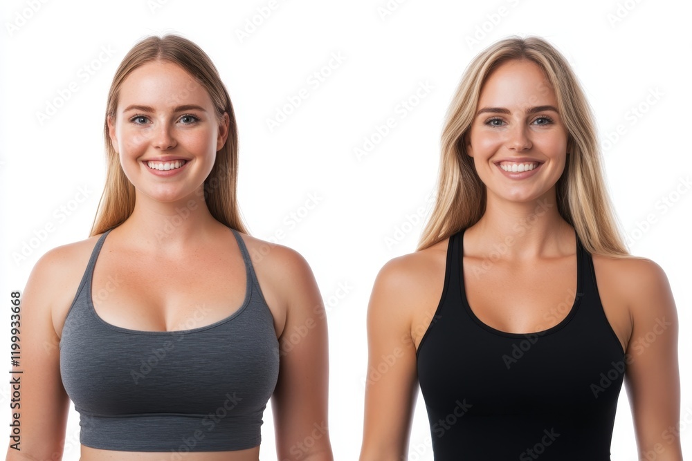 Smiling woman wearing two different sports tops in a bright setting showcasing fitness and style choices Smiling woman wearing two different sports tops in a bright setting showcasing fitness and style choices