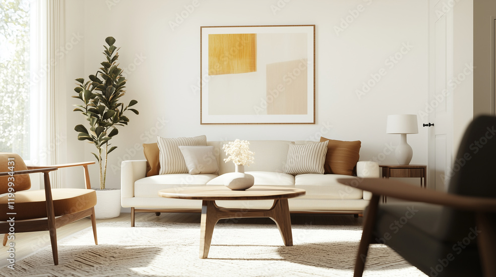 Cozy Mid Century Modern Living Space with Colorful Decor and Art Cozy Mid Century Modern Living Space with Colorful Decor and Art