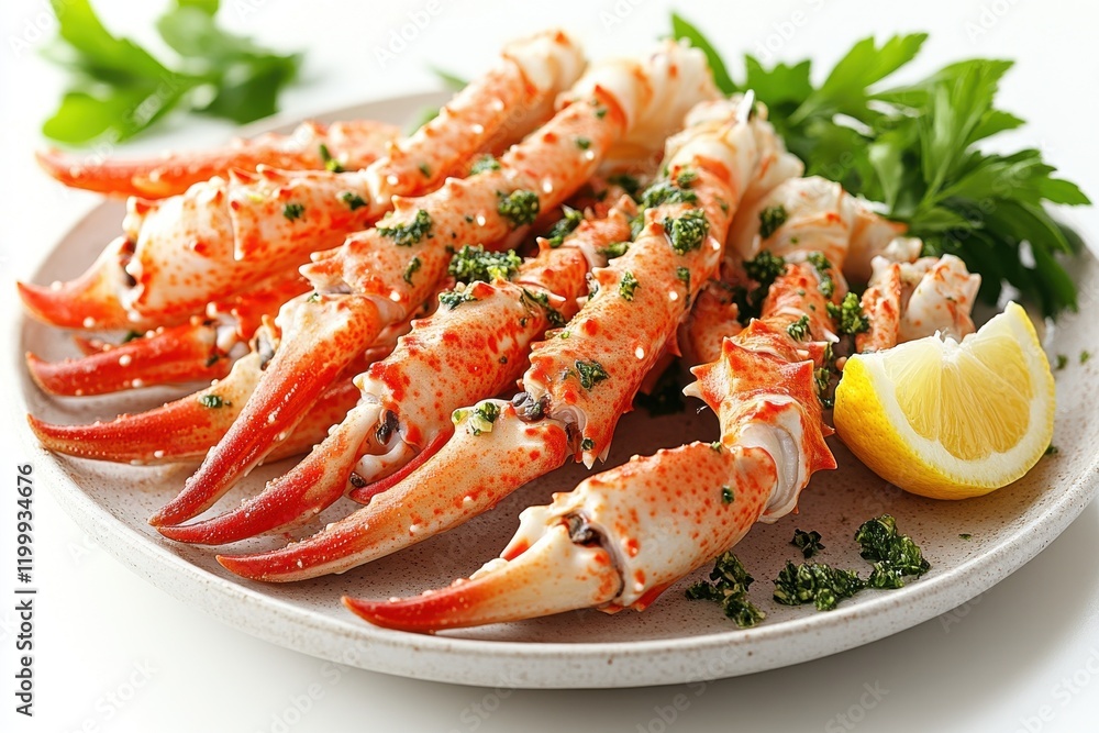 Freshly prepared crab legs garnished with herbs and lemon on a white plate Freshly prepared crab legs garnished with herbs and lemon on a white plate