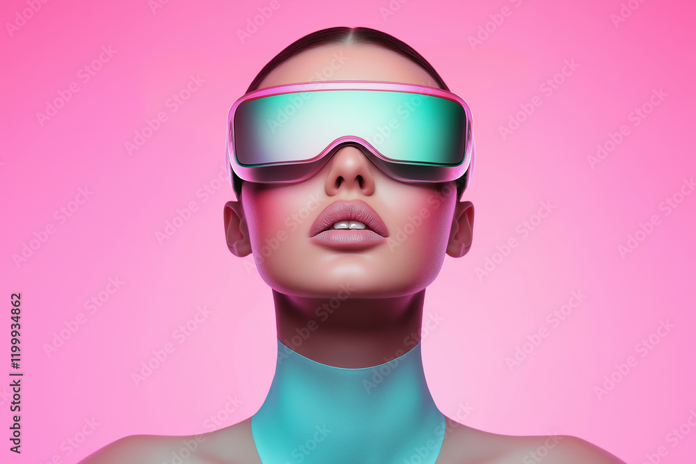 Futuristic woman wearing stylish virtual reality glasses against a vibrant pink background Futuristic woman wearing stylish virtual reality glasses against a vibrant pink background