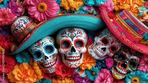 Vibrant image of intricately designed skulls adorned with colorful sombreros nestled among bright flowers, symbolizing art and cultural festivities. photo