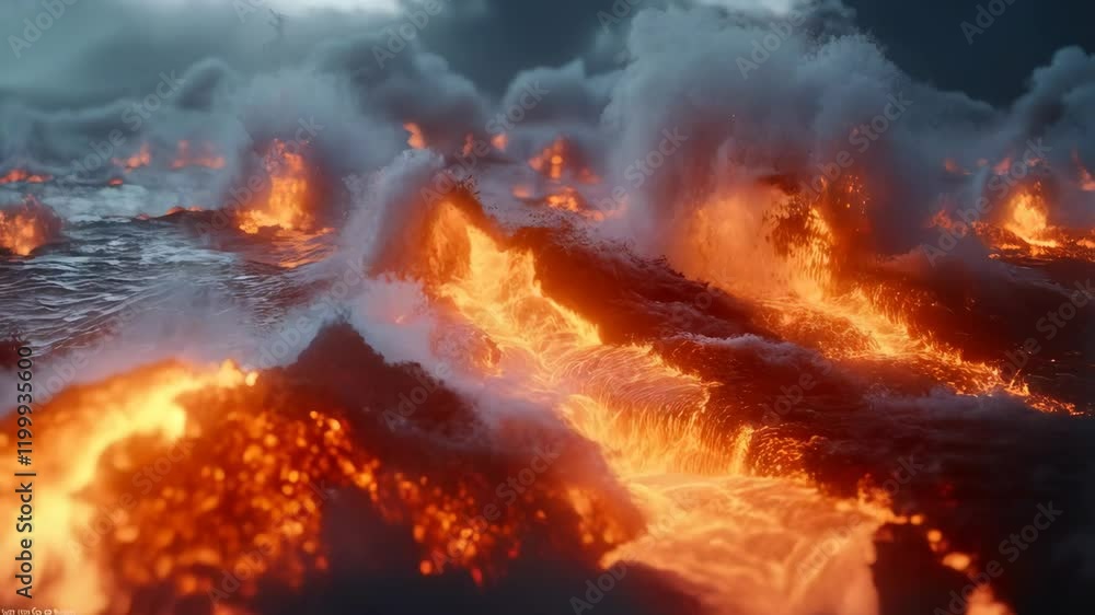 A dramatic scene of molten lava flowing and crashing against waves, fiery and powerful. A dramatic scene of molten lava flowing and crashing against waves, fiery and powerful.