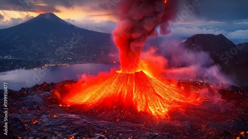 A stunning eruption of a volcano at sunset, with molten lava flowing and a mountainous background creating a dramatic scene.