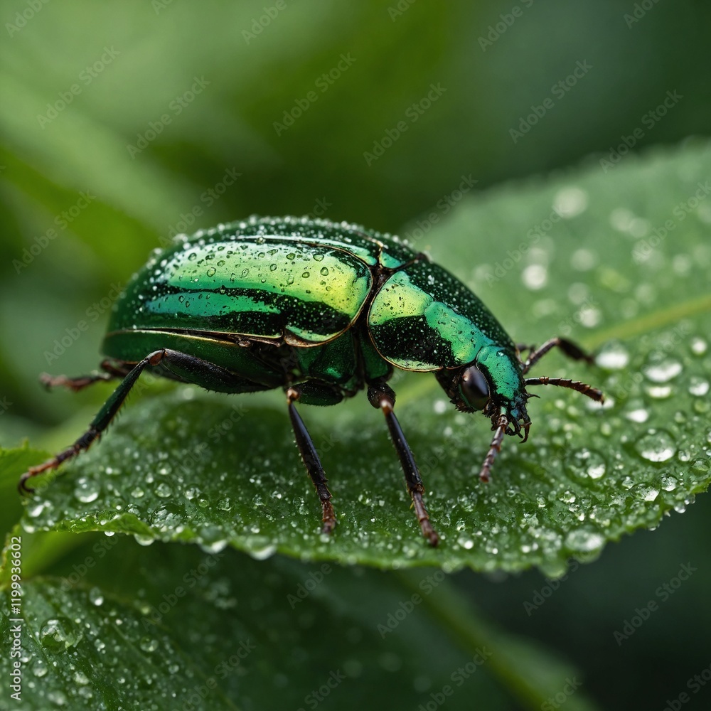 A shimmering green beetle crawling on a dew-covered leaf in close-up detail. A shimmering green beetle crawling on a dew-covered leaf in close-up detail.