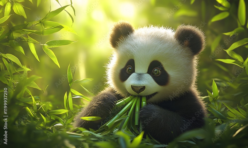 Adorable Panda Enjoying a Feast of Bamboo in a Lush Green Forest Adorable Panda Enjoying a Feast of Bamboo in a Lush Green Forest