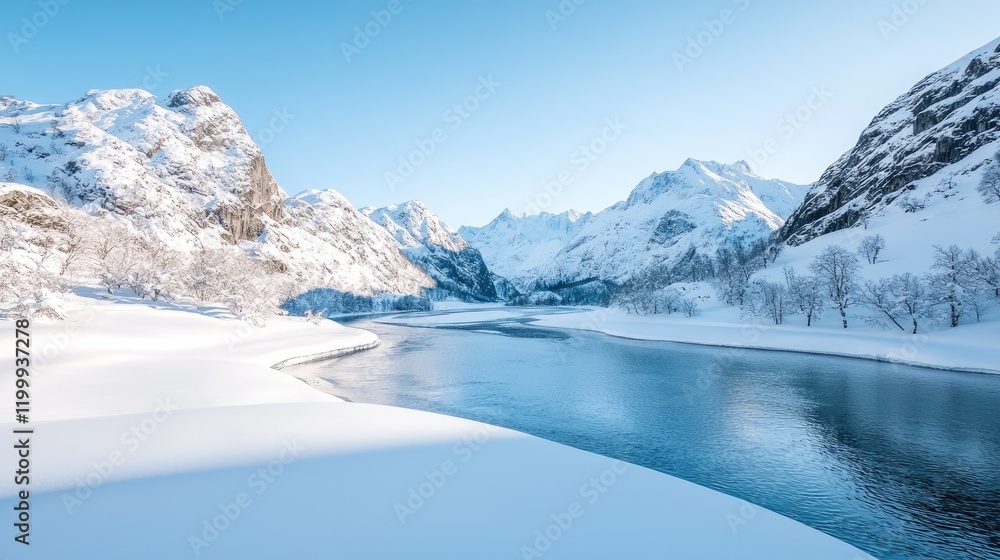 Obraz premium Serene winter landscape snow-covered mountains, frozen river, clear blue sky.