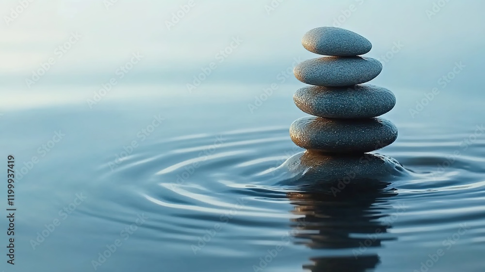 A serene Zen scene with balanced stones stacked on top of each other, creating ripples in the water below. A serene Zen scene with balanced stones stacked on top of each other, creating ripples in the water below.