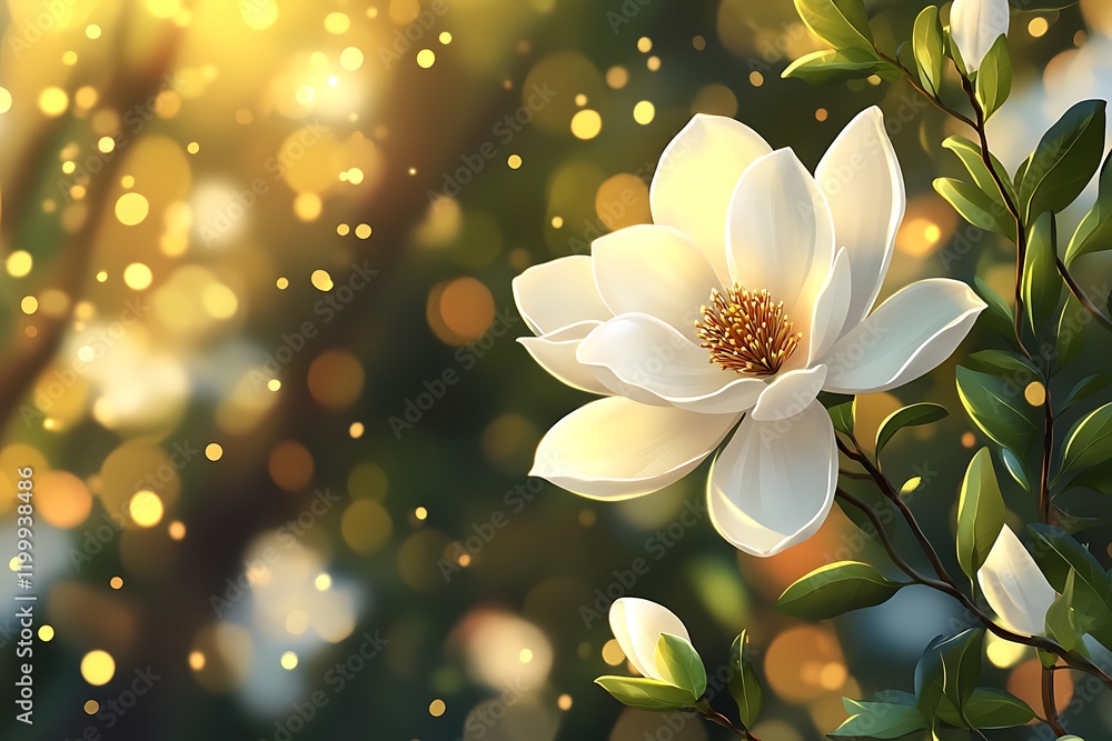 Golden Hour Magnolia Bloom: Dreamlike Digital Art with Sparkling Bokeh Golden Hour Magnolia Bloom: Dreamlike Digital Art with Sparkling Bokeh