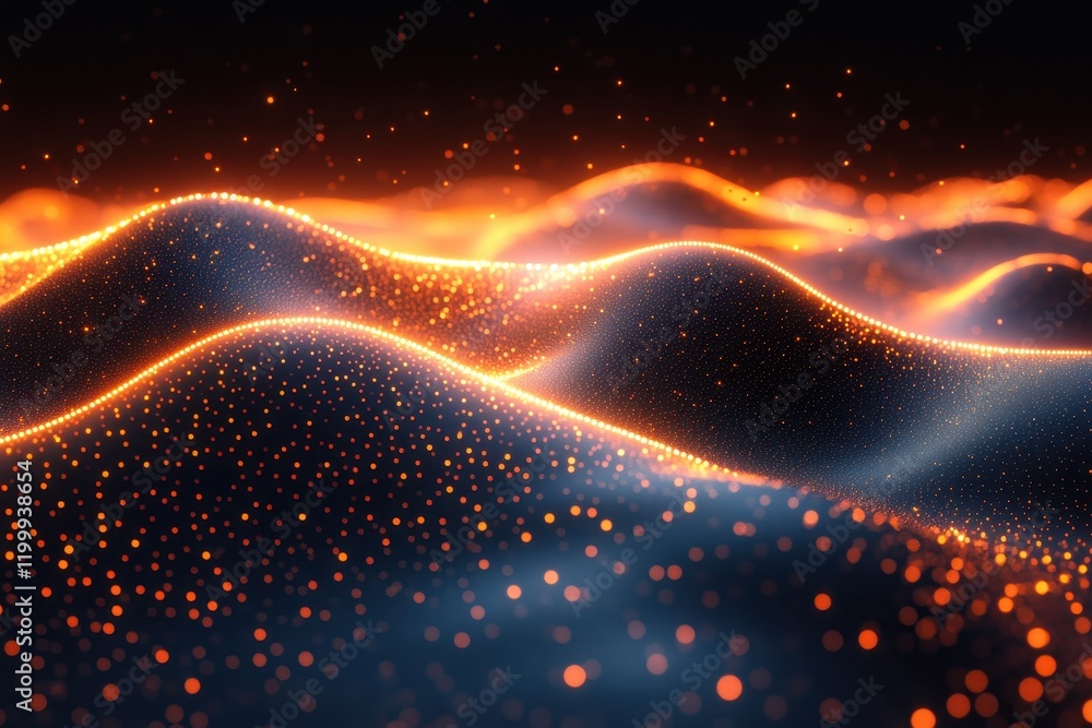Fototapeta premium Undulating waves of glowing particles illuminated by a vibrant orange glow against a dark backdrop
