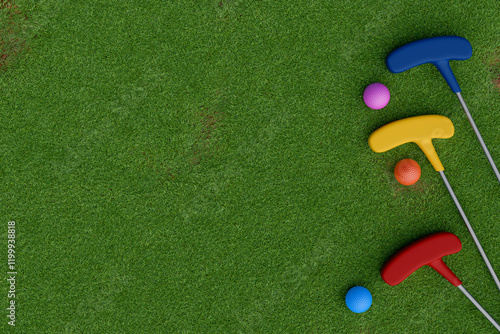 Colorful mini golf clubs and balls on green grass. Top view 3d rendering