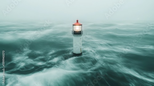 A solitary lighthouse stands tall in the midst of a swirling sea, its light breaking the monotony of grey skies, symbolizing resilience and steadfastness. photo