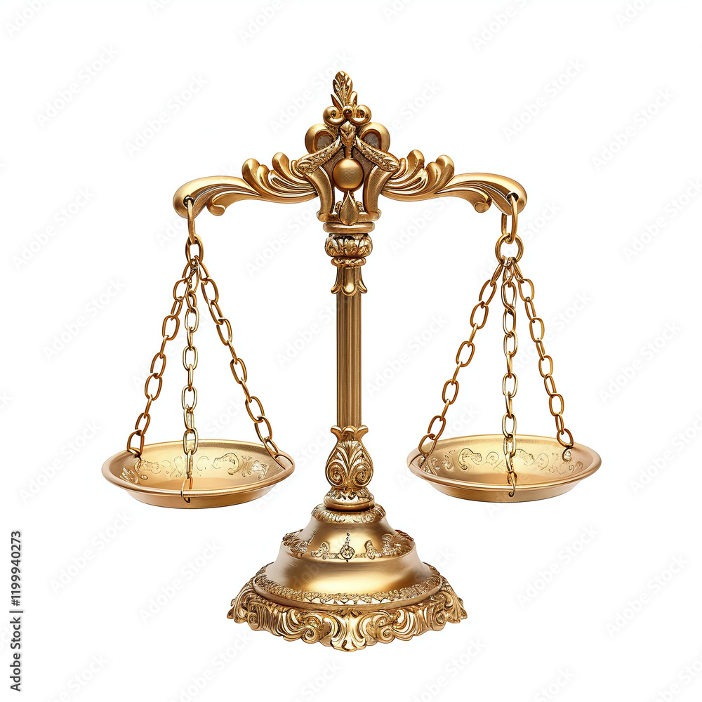 Isolated golden ornate scales of justice on white background. created with Generative AI technology Isolated golden ornate scales of justice on white background. created with Generative AI technology