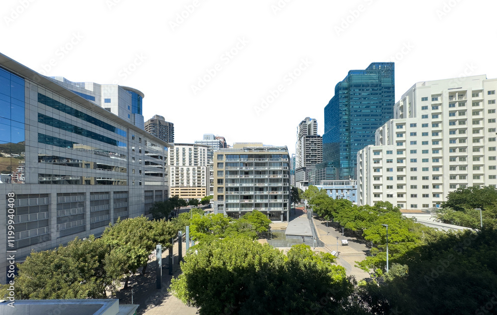 Fototapeta premium Cape town city center isolated on white transparent sky. High rise buildings and green spaces. South Africa.