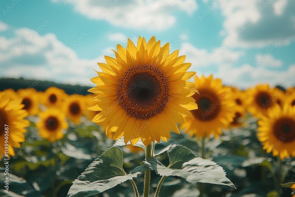 Fototapeta premium Bright sunflowers bloom in a vibrant field under a blue sky with fluffy clouds on a sunny day