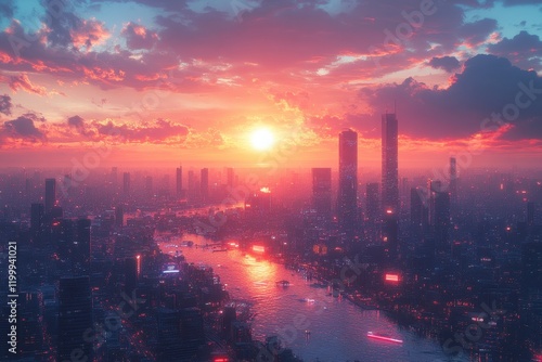 Wallpaper Mural Vibrant sunset over a bustling city skyline reflecting on the river Torontodigital.ca