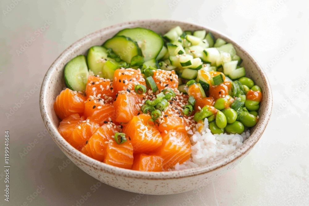 Salmon poke bowl with fresh vegetables and rice served in a textured ceramic dish