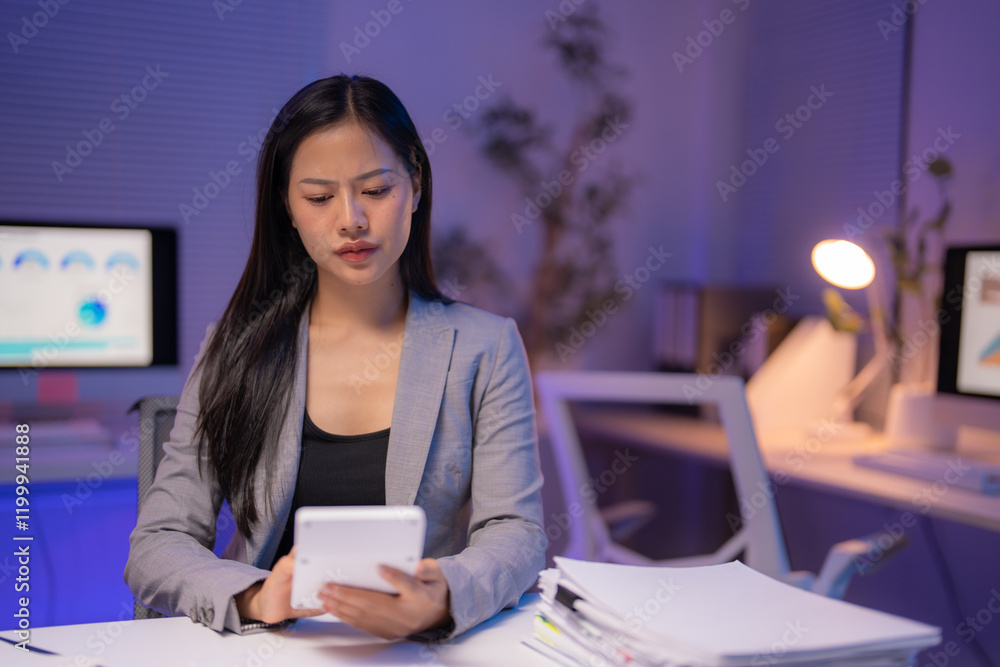 Asian businesswoman working late in the office, calculating numbers with a calculator while focused on charts and graphs amid paperwork and deadline pressure Asian businesswoman working late in the office, calculating numbers with a calculator while focused on charts and graphs amid paperwork and deadline pressure