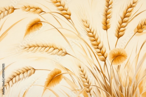 A repeating pattern of stylized wheat stalks in golden and cream tones on a soft beige background, designed for modern simplicity photo