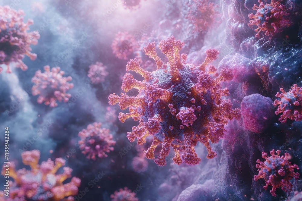 Fototapeta premium Microscope view of colorful virus structures highlighting the complexity of viral biology in a lab setting