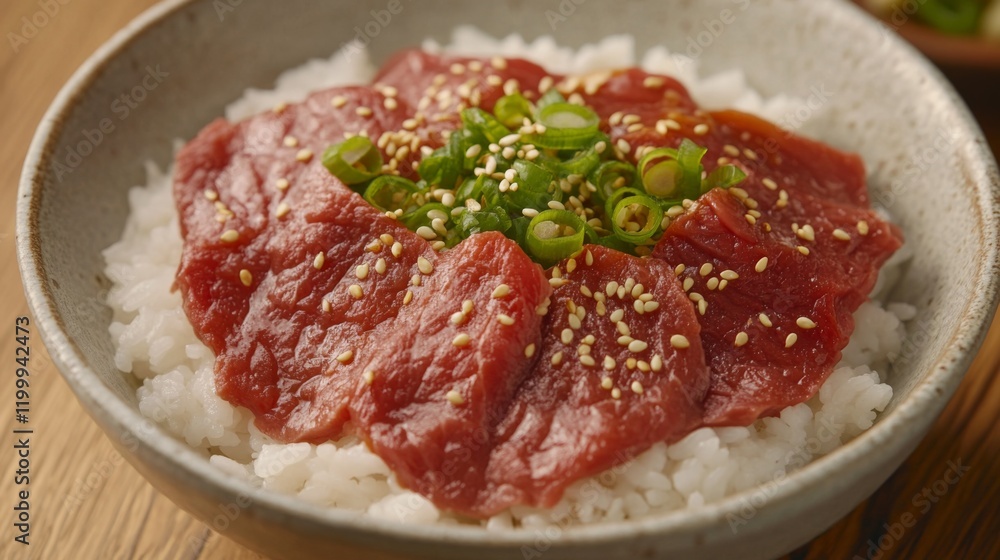 A close-up of beef slices arranged neatly on a bowl of white rice, drenched in a savory sauce with a sprinkle of sesame seeds and green onions, highlighting the textures A close-up of beef slices arranged neatly on a bowl of white rice, drenched in a savory sauce with a sprinkle of sesame seeds and green onions, highlighting the textures