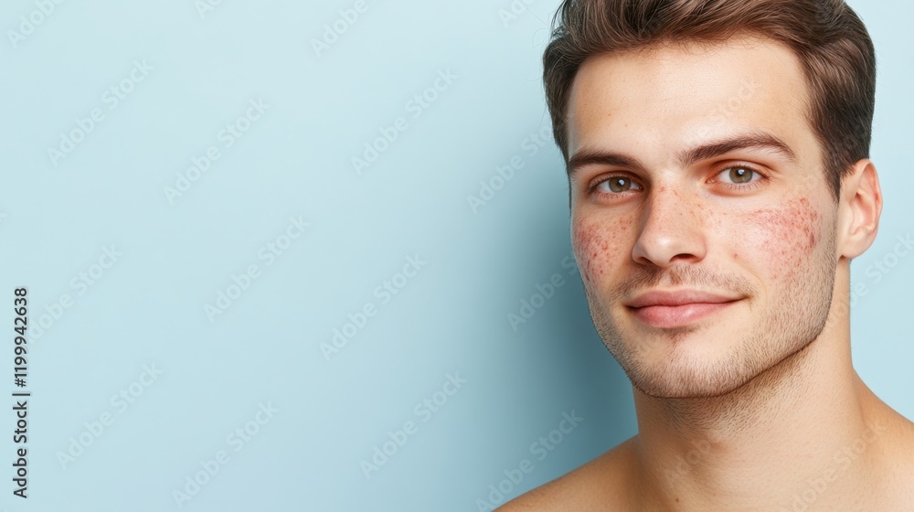 Fototapeta premium Facial skin problems concept. A young man with clear skin poses confidently against a light blue background, showcasing a friendly expression.